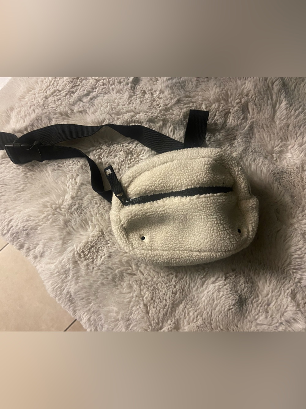 Faux Shearling Cream Belt Bag with Black Strap